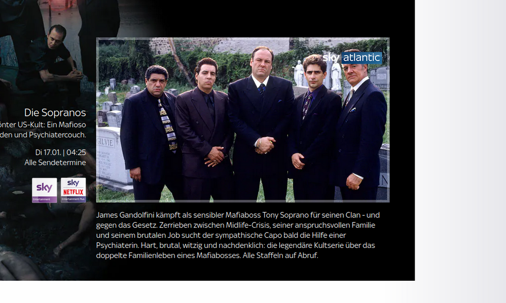 Sky bewirbt die Serie "Sopranos" mit allen Staffeln zum Abruf  zur Verfügung.
